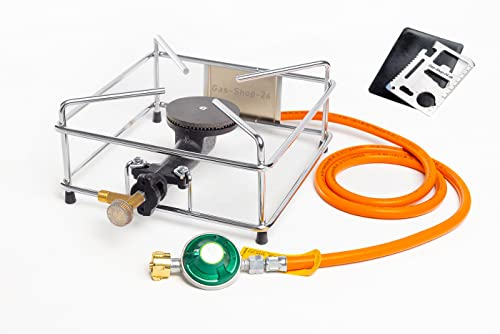 Hockerkocher - Gaskocher 2,5 KW Gusseisen/verchromt + Gasschlauch und Druckminderer + Multitool (geeignet für z.B. Räucherofen, Angler, Camping)