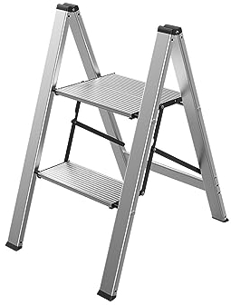 Mephisto Leiter Trittleiter Klappleiter Stufenleiter Haushaltsleiter flach aus Aluminium inkl. Anti Rutsch Trittflächen mit 2 Stufen ohne Griff bis 150 kg Tragkraft