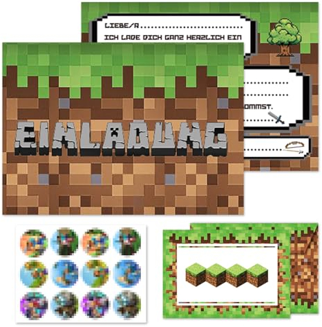 Byhsoep 12x Einladungskarten Kindergeburtstag mit 12 Umschlag,12 Aufkleber,Gamer Pixelmotiv Deutsch Einladungskarten für Einladungen zum Kindergeburtstag