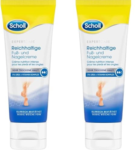 Scholl reichhaltige Fuß- und Nagelcreme - ideal für raue und sehr trockene Füße - mit Urea und Vitamin-Komplex - steigert den Feuchtigkeitsgehalt - 75 ml (Packung mit 2)