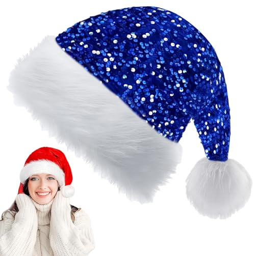 Tomteluva med blå paljett julhatt för barn, vuxna, 30 x 45 cm lyxig julhatt plysch jultomtemössa, unisex julfesthatt, far julhatt kostym gåvor för kvinnor, män jul nyår festhatt