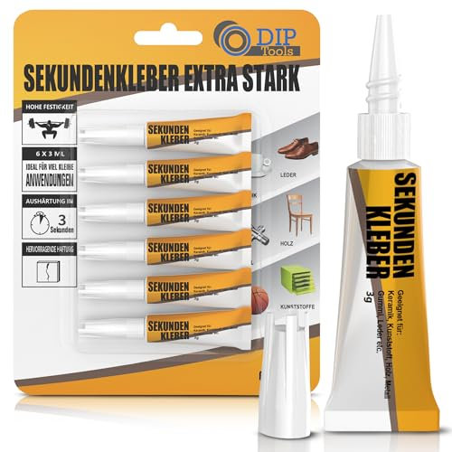 DIP-Tools Sekundenkleber extra stark 6x3ml, schnelltrocknend & ablauffest, Metall Keramik Gummi Kunststoff Holz Leder, Superkleber Powerkleber Alleskleber Spezialkleber Metallkleber Keramikkleber