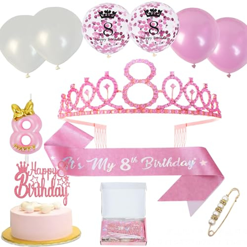 Neodtx 8-årsdag flicka 8 år rosa födelsedagsdekoration skärp barnkronor 11 st presentset för 8 födelsedagskronor födelsedagsskärp och krona tårtdekoration ballonger ljus 8:e för festdekoration