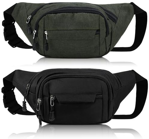Meng Jiaran 2 Pack Bum Bag Bumbag for Men Women,Waterproof Waist Fanny Pack for Ladies, 4 Zip Pockets Adjustable Belt Cross Body Bumbags for Sport Running Walking Travel Cycling,Black,Grey Green