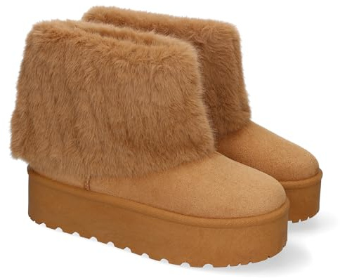 89216 Botin Australiano de Plataforma para Mujer, Comodos y Calentitos, Forrados con Pelo, Ideales para Invierno. Camel Talla 38
