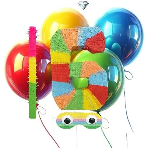 Whispering Fantasy Number 6 Shaped Piñata + Baton + Mask bundled with 4x Large Balloons - Make your party one that will be remembered long after - Height 50cm x Width 30.5cm x Depth 7.5cm