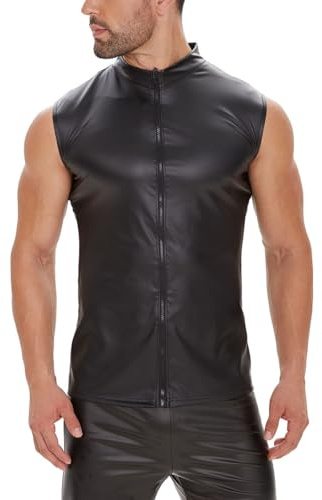 RLEHJN Faux Leather Vest Tops for Men, Mens Tank Tops Full Zip Vests Sleeveless Tshirt Waistcoats Casual Stand Collar Undershirts Gilet Everyday Athletic Wear Fashion Workout Tee Shirts S-5XL
