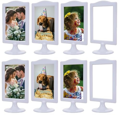 NahNah Double Sided Standing Picture Frames - (White, 8 Count) 4x6 Inch, Plastic Pedestal Photo Frame with Inserts and Base - 2 Sided Tabletop Vertical Display Frame for Wedding Table Bridal