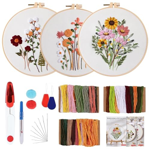 mizikuu Kit de Démarrage de Broderie, 3 Pièces Kit Broderie Debutant Motif Floral Sticken Set pour Adultes Avec 2 Cadres à Broder En Bambou Instructions Et Outils pour Amateurs de Couture