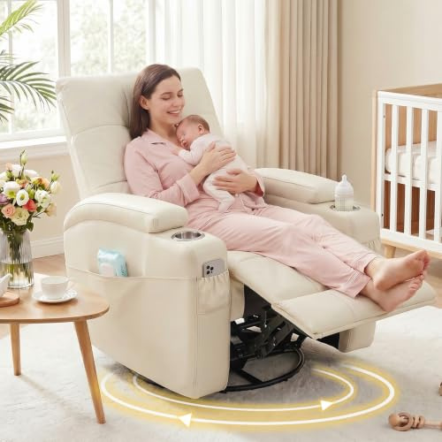 AIRSKY Schaukelsessel Relaxsessel Echtleder Fernsehsessel mit Liegefunktion Kinosessel Seniorensessel TV Sessel mit Schlaffunktion Manuell Verstellbar Liegesessel Schaukelstuhl Wohnzimmer,Beige