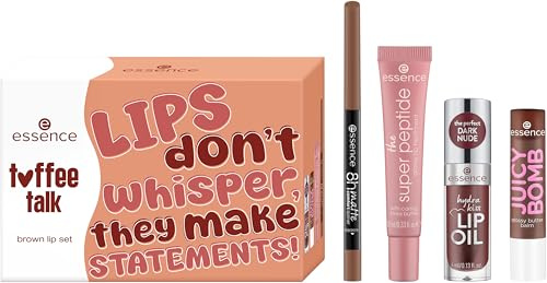 essence toffee talk brown lip set 01 Pout Au Chocolat, coffret avec crayon à lèvres, huile, baume & soin pour des lèvres brunes mates à brillantes