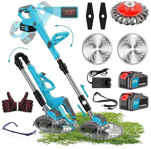 Decespugliatore a Batteria 21V, Tagliaerba Elettrico 2 Batteria 2000 mAh, L'asta l'impugnatura Regolabili e Pieghevoli, Per Rifinire Facilmente Giardino e Prati (blu)