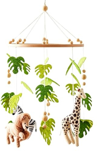 Mobile Bébé Jungle Berceau | Décoration Suspendue Feutre Doux Lion Girafe Éléphant | Mobile Chambre Bébé Bois Cadeau Naissance Mixte 0-12 Mois
