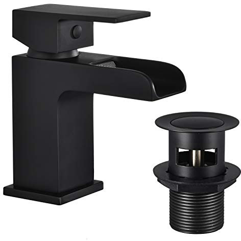Funime Black Square Basin Taps with Pop up Waste Waterfall Semi-Open Bathroom Sink Taps Brass