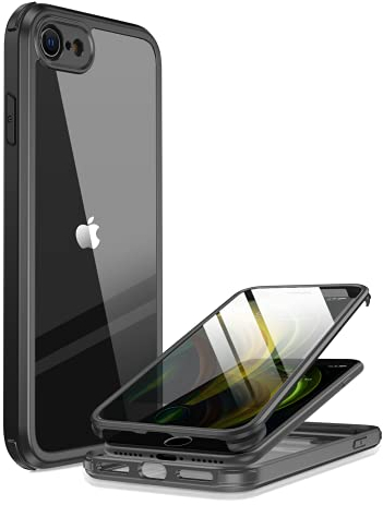 Miracase 360 Grad Hülle kompatibel mit iPhone SE 2022/ SE 2020/ iPhone 8, Ganzkörper Schutzhülle mit eingebauter Glas Displayschutzfolie, Stoßfeste Fullbody Handyhülle, Schwarz