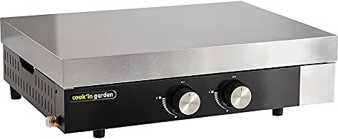 Cook'in garden - Plancha Gaz - 2 Brûleurs – Plaque en Fonte Émaillée - Capot de Protection - Récupérateur de Graisse Amovible - pour 8 à 10 Personnes - FINESTA, Noir