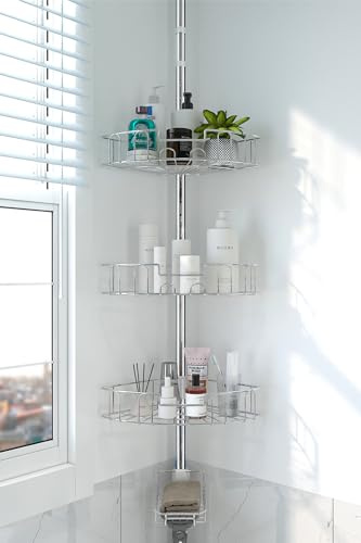 Shower Caddy Corner Tension Pole,Stainless Steel Adjustable Floor to Ceiling Corner Shower Caddy Stand for Bath Inside Shower Organizer Storage with Tension Pole,Rust-Resistant, 54 to 125 Inch