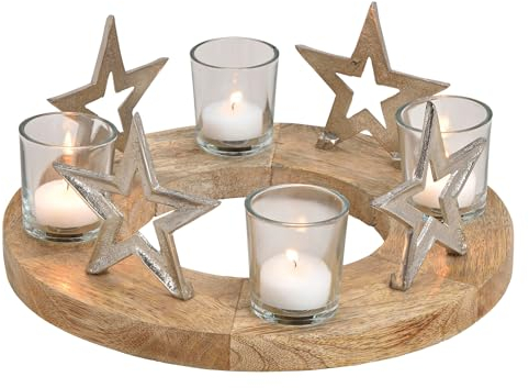 levandeo Adventskranz ø30cm Mango Holz Silber Natur Kerzenhalter Sterne Weihnachten Teelichthalter Weihnachtsdeko Kerzenständer Tischdeko Deko
