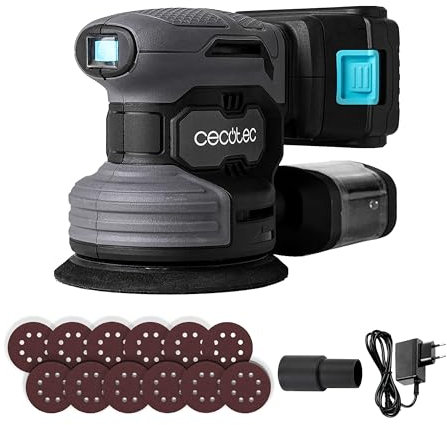 Cecotec Lijadora Rotorbital a Batería 21V y 2000mAh PerfectSurface 2120 Rotate. 13000rpm, 12 recambios, Depósito de polvo, Conexión para Aspirador, Doble Movimiento Excéntrico, 26000mov/min