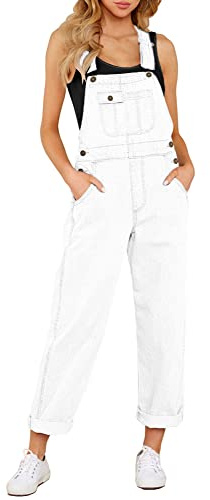Roskiky Combinaison en jean pour femme avec bretelles Denim stretch jambe droite Jean de travail pour femmes coupe classique Bretelles réglables, Blanc., XL