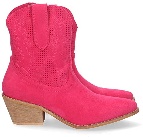 71536-Botin de Tacon Campero para Mujer, Comodo, con Perforado Mil Puntos en Cana, Bordado, y Cierre de Cremallera, Primavera Verano 2023. Talla 36 Fucsia