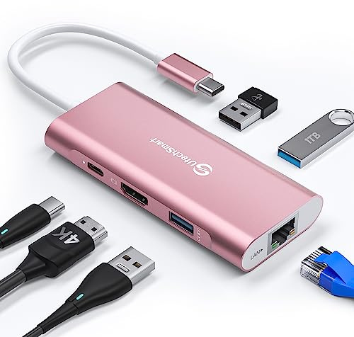 USB C Hub, UtechSmart 6 in 1 USB C zu HDMI Adapter mit 1000M RJ45 Ethernet, PD 100W Ladeanschluss, 3 USB 3.0 Ports Adapter Kompatibel für MacBook Pro, Chromebook, und USB C Geräte (Rosa)