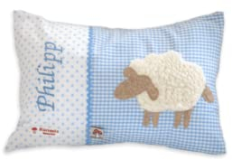 Glückspilz Namenskissen personalisiert, Babykissen mit Namen Bestickt, Schaf, Hellblau, 25 x 35 cm