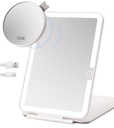 LUKYMIRO Rechargeable Travel Makeup Mirror with Lights, Portable Lighted Regular Mirror with Small 10X Magnification, 70 LEDs 3 Color Dimmable, Tabletop Folding Compact Cosmetic Mirror