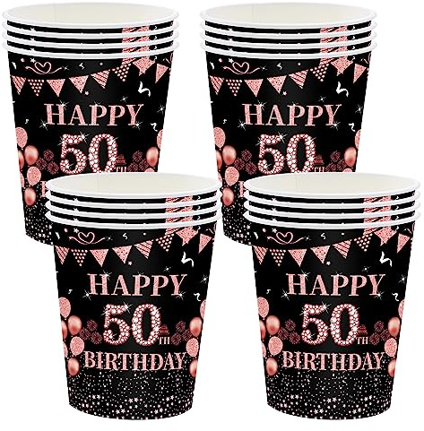 16 stycken pappersmuggar 50. Födelsedag, engångsmugg, födelsedag, svart roséguld pappersmugg 235 ml, pappersmuggar för fest födelsedag, grattis på 50-årsdagen dryckesmugg pappersset för 50-årsdagen
