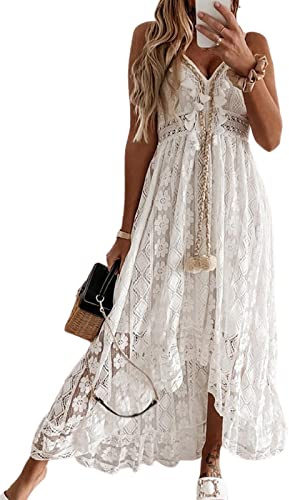 CUPSHE, Vestido largo bohemio con tirantes para mujer, cuello en V, encaje, volantes y borlas, acampanado, para verano, de playa, Blanco, Blanco, XXL