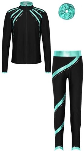 Freebily Kinder Mädchen Eiskunstlauf Anzug Glitzer Strass Jacke Hose Und Haargummi 3er Set Eislaufen Trainingsoutfit Sport Performance Tanzkleidung Blaugrün_S 134-140