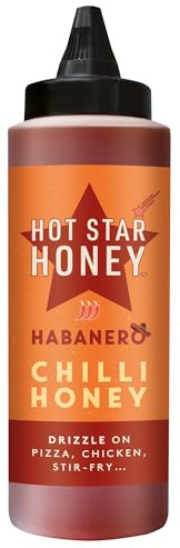 Hot Star Honey Habanero Hot Chilli Honey – Premium Sweet Habanero Chilli Honey – 100% Natural, No Additives – Perfect Drizzle for Pizza, Chicken, BBQ, Wings & Stir-Fry – Made in UK – 325g