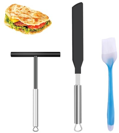 Set di 2 spatole in acciaio inox, per crepe, crepe, pancake, utensili per crêpe, con pennello per olio in silicone, per cucina domestica, utensili da forno (nero)