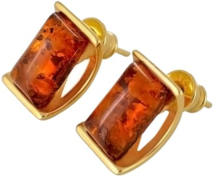 Genuine Baltic Honey Amber Stud Earrings in 18K Gold Plated 925 Sterling Silver – Rectangular Polish Handmade Amber Jewelry with Bullet Clutch Back