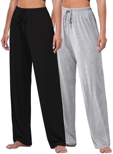 FEQO 2 Pièces Bas de Pyjama Femmes Pantalon de Pyjama Taille Élastique Pantalon Long Lâche Leggings De Yoga femme | Pantalon de jogging décontracté pour femme avec cordon de serrage, pantalon de pyjama doux, coupe ample