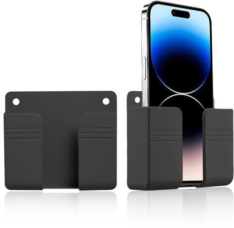 2 Pcs Wall Mount Phone Holder, Self-adhesive Mobile Phone Charger Holder, Cell Phone Adhesive Bedside Shelf Wall Mount Stand for Charger, TV Remote Holder Storage Box Universal (Black)
