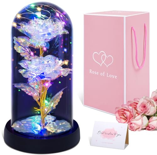 Rosa Eterna en Cúpula de Cristal con Luces Cálidas, Exquisitas y Bonitas, La Bella y La Bestia Rosa es un Regalo Romántico para Navidad, San Valentín, Cumpleaños y Aniversarios.