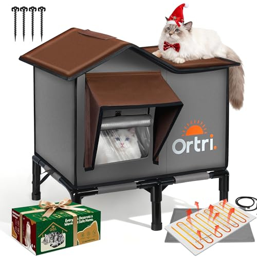 Outdoor Heated Cat House for Outside: Winter Insulated Weatherproof 20×14.3×20.5 Shelter with Heating Pad for Feral Kitty Foldable Out Door Elevated Warm Pet Bed with Extra Large Warming Cathouse