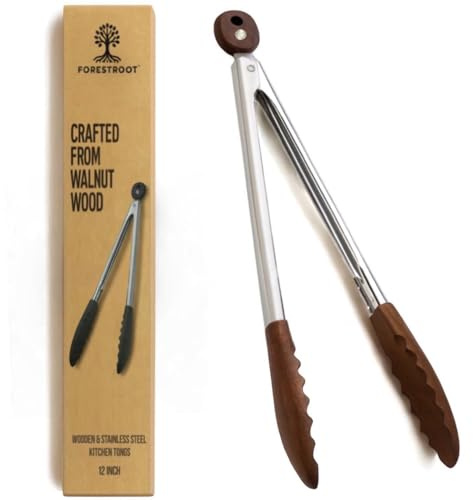 Forestroot Walnut Wood Kitchen Tongs – 12-Inch Nonstick-Safe Wooden Salad & Grill Tongs for Cooking, Serving, BBQ, and Tossing Salad – Durable Stainless Steel Core with Natural Wooden Tips