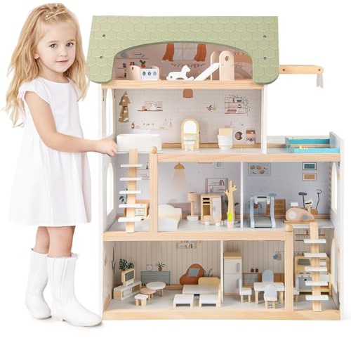 FANTASK Maison de poupée en Bois avec 33 Meubles, Balcon et Piscine, Villa de rêve, Maison de poupée pour Enfants, Cadeau de Jouet pour Filles et garçons à partir de 2 Ans