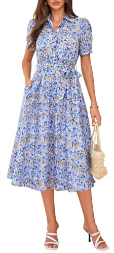 GRACE KARIN Abito estivo da donna, leggero, con revers, a maniche corte, in cotone, linea A, per matrimonio, con tasca, stampa floreale, abito da spiaggia, abito midi, L