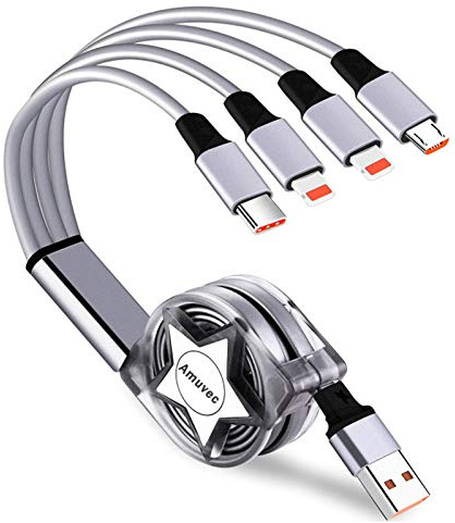 Amuvec Multi 4 in 1 Retractable Charging Cable, 1M 3A Fast Phone Charger Cables with 2*iP Type C Micro USB Connector, for Phone, Samsung Android, Huawei, Moto, Xiaomi, Sony, Nokia, Oppo, PS4