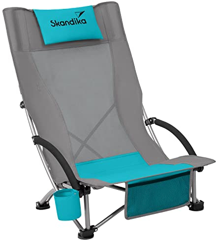 Skandika Chaise de Plage Pliante Beach | Chaise de Plage Confortable avec Mesh Respirant, Porte-Boisson, Basse, Facile à Transporter, Max. 136 kg | Chaise de Camping Pliable, Chaise Longue