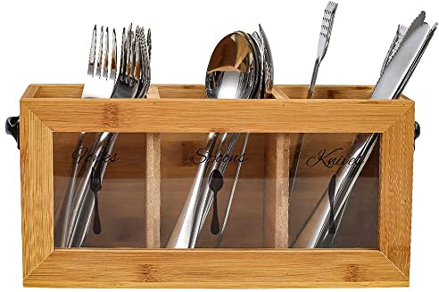 JEKUGOT Bamboo Utensil Cutlery Holder,Kitchen Tableware Storage Box,Silverware Caddy Organizer Bin Holder for Forks, Spoons, Knives,Suitable Kitchen Decoration