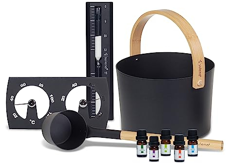 SULENO -Saunazubehör-Set KJELL 9-teilig | inklusive Aluminium-Aufgusskübel & Schöpfkelle mit Bambusgriff, Sauna-Thermometer & Hygrometer, Sanduhr & 5 Saunaöle