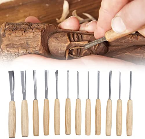 12 piezas de herramientas para tallar madera, juego de cinceles de acero con mango de madera con estuche de lona para grabado de carpintería DIY