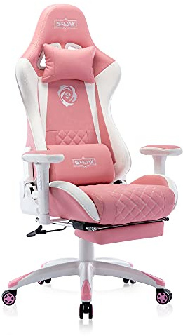 S*MAX Pink Gaming Chair with Footrest Thicken Seat Ergonomic Gaming Chairs with 3D Armrest PU Leather Headrest and Lumbar Support Racing Style High Back Gaming Chairs for Adults Girls Pink