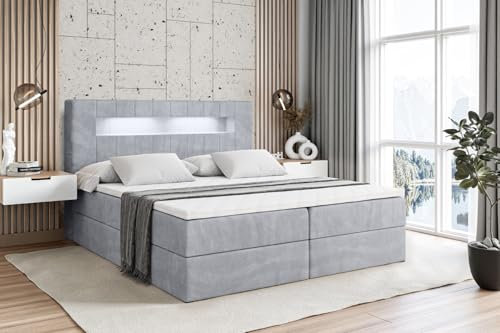 ALTDECOR Boxspringbett mit LED, H3-Matratze (19 cm hoch) mit Bonellfederung, + PUR, Topper (4 cm hoch), Polsterbett mit Kopfteil und Bettkasten - ORGOL - 180x200 - Grau Monolith