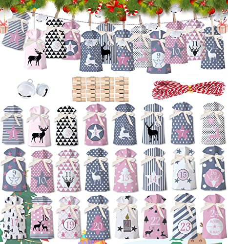 Adventskalend Stoffbeutel,24 Stoffsäckchen Kette zum Selber Basteln und AufhängenAdventskalender zum Befüllen Groß,Weihnachtskalender Basteln,Weihnachtskalender 2024 Selber Basteln (Rosa)