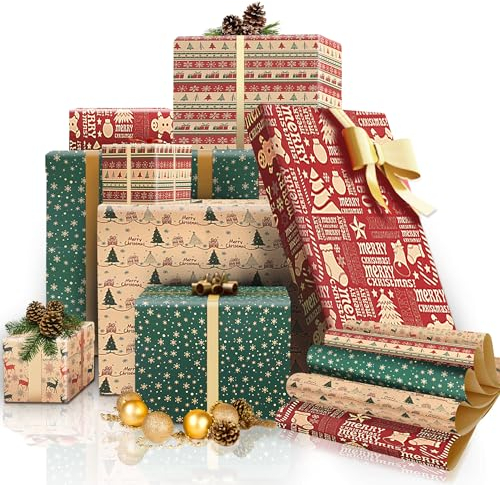 Weihnachtspapier Geschenkpapier 10 Blatt, Geschenkpapier Weihnachten Karte, Weihnachtsgeschenkpapier Natur, Geschenke Papier Weihnachten Braun Edel Vintage Basteln Recycling Set (50×70cm 10 Blatt A)